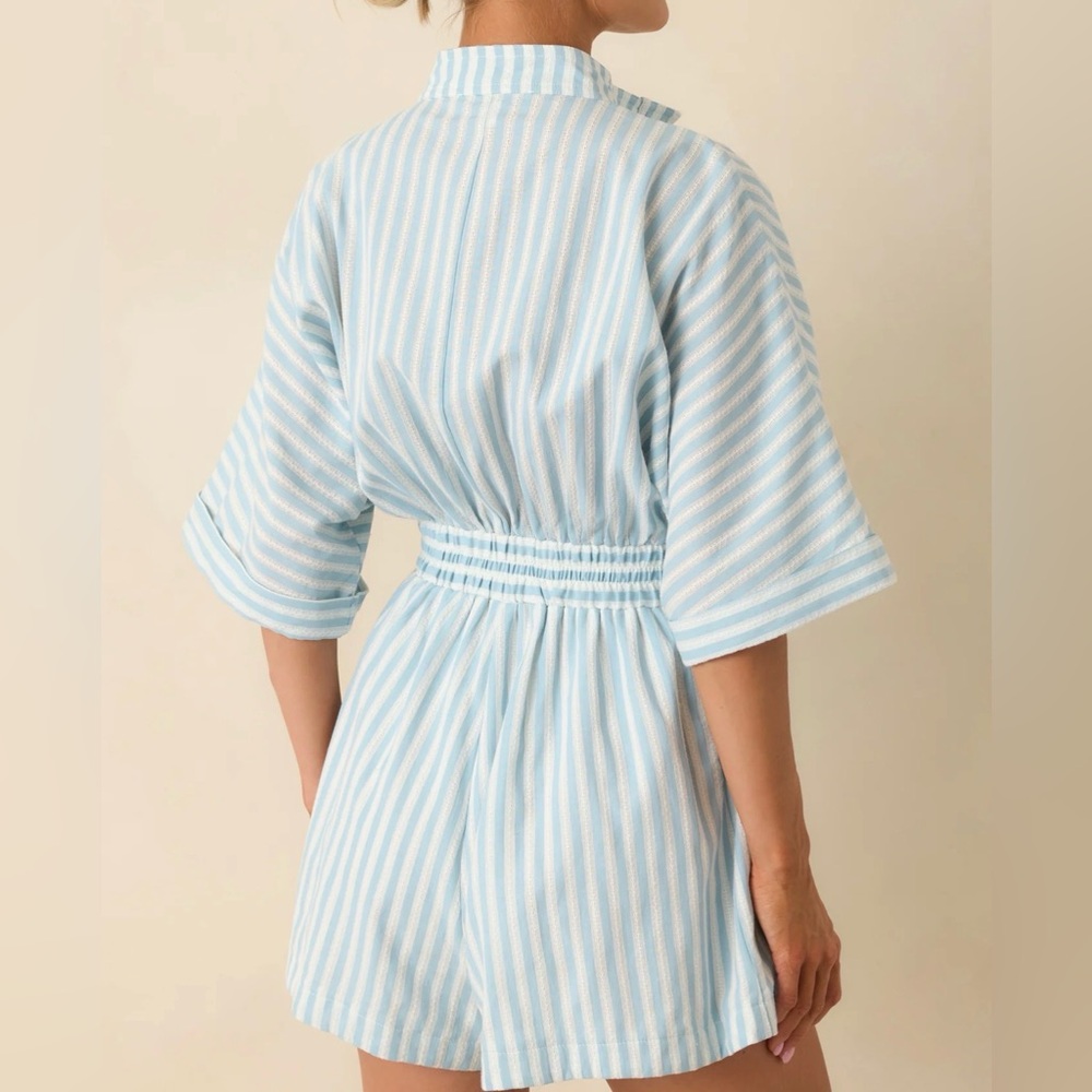 🆕 Aqua Blue/White Stripe Belted Romper - L - Picture 10 of 11